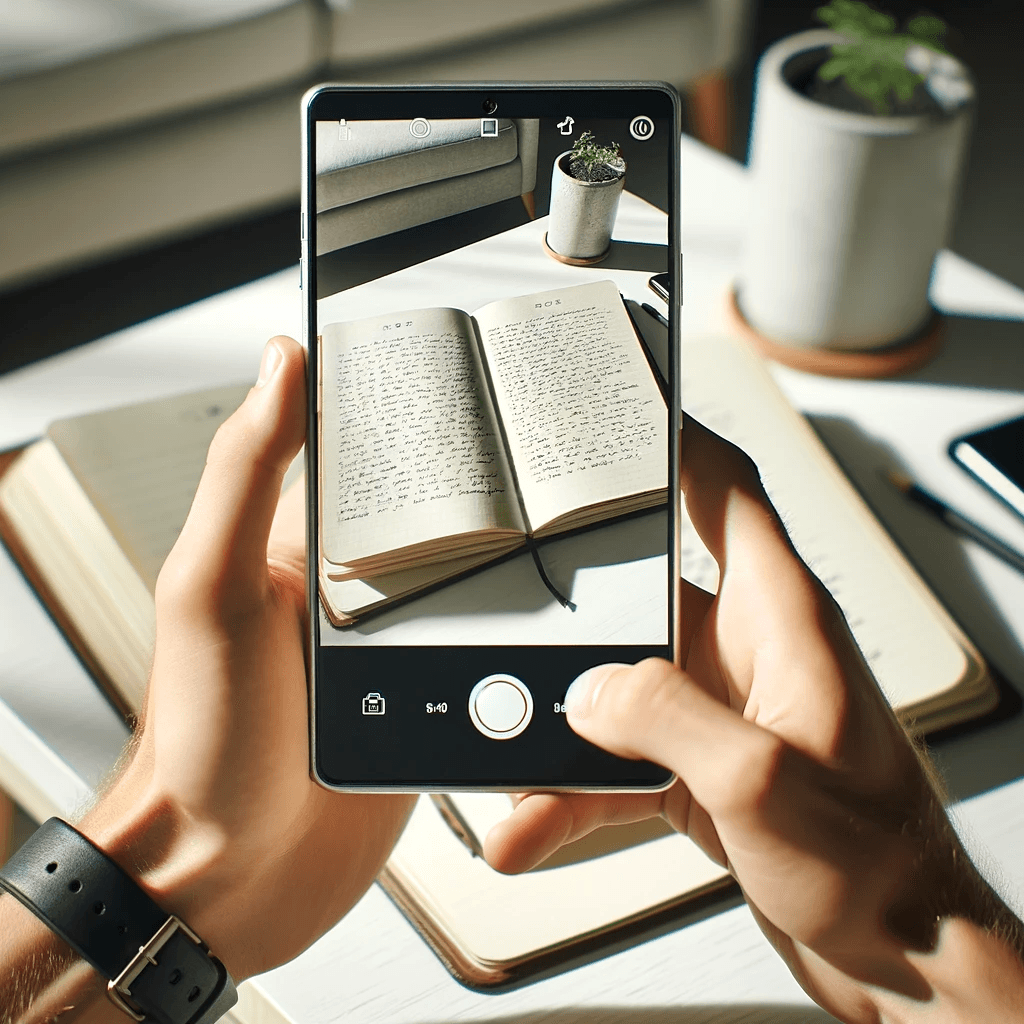 Smartphone taking picture of open journal